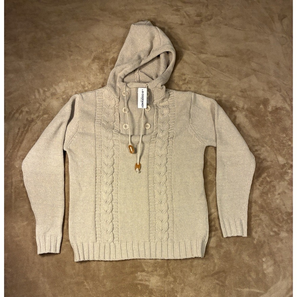 NWT Coofandy Mens Large Cable Knit Hooded Sweater Beige Button Neck Grandpa Chic